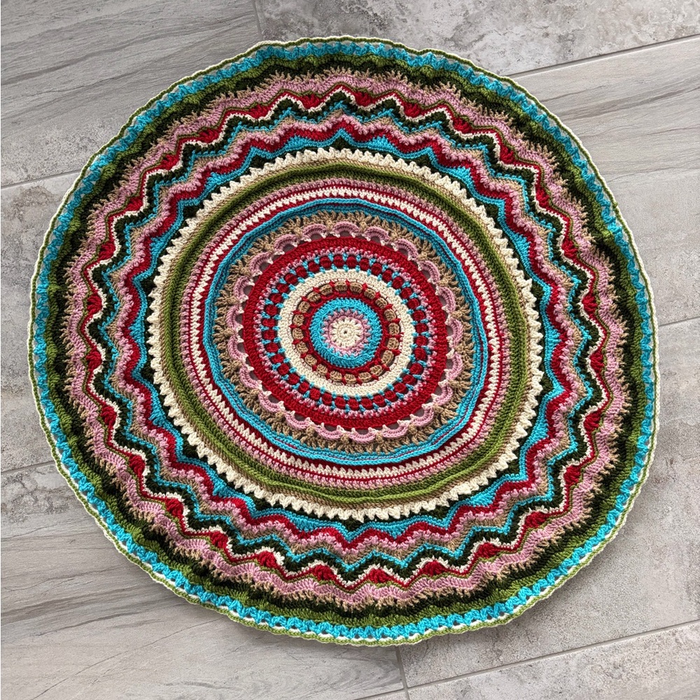 Colourful, Intricate Handmade Round Crochet Throw/Wall Decor. 38” diameter.